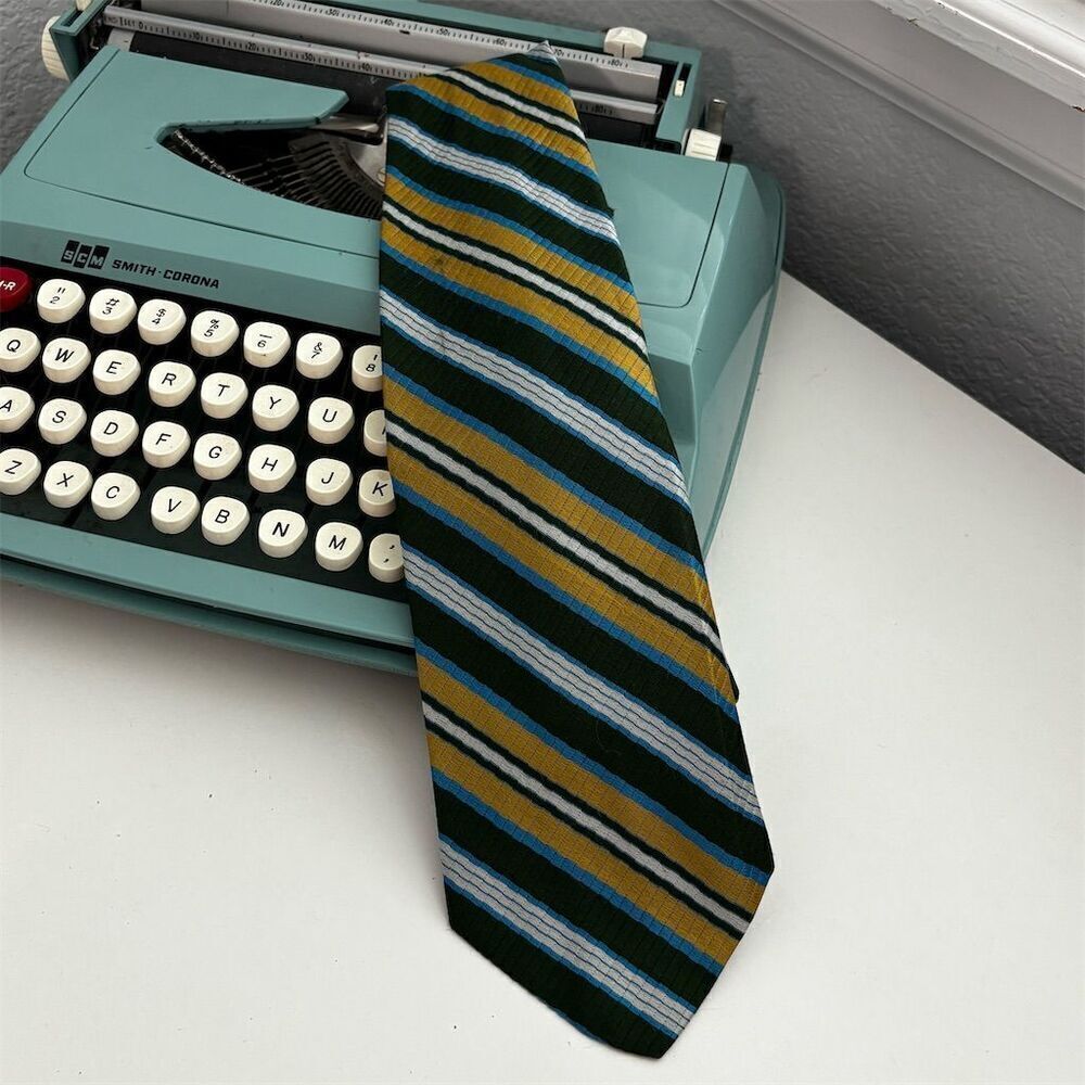 Vintage Resilio Men's Striped Tie Green Gold White Blue Classic Length